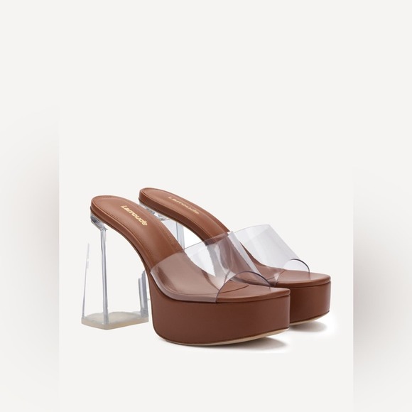 Larroude Dolly Lucite Vinyl Platform Mules Clear Caramel 8 - Picture 1 of 11